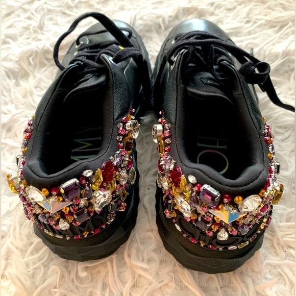 NEW Jimmy Choo women black leather sneakers with embellished hand stitched jewel - Picture 4 of 6
